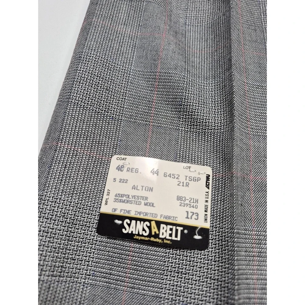 VTG Sansabelt Suit Mens 48 Gray Poly Wool Plaid Tweed 2 Piece 44x36 USA NWT